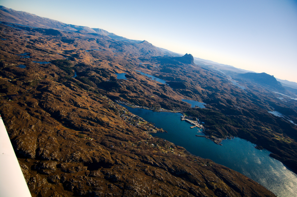 Lochinver seen from the air on a sunny winter's day